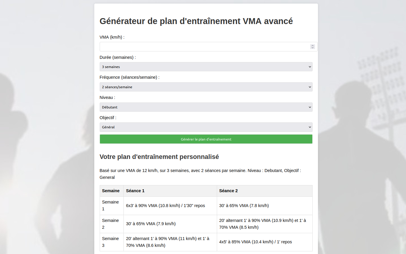 Générateur de plan d'entraînement VMA avancé